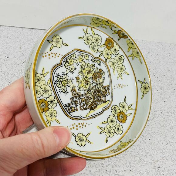 Hand Painted Gold Imari Small Dish Bowl Cart Floral Yellow Green Golden Vintage - Picture 5 of 7